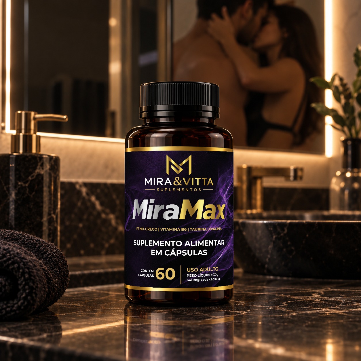 MiraMax: frasco com rótulo roxo, preto e dourado, 60 cápsulas, uso adulto